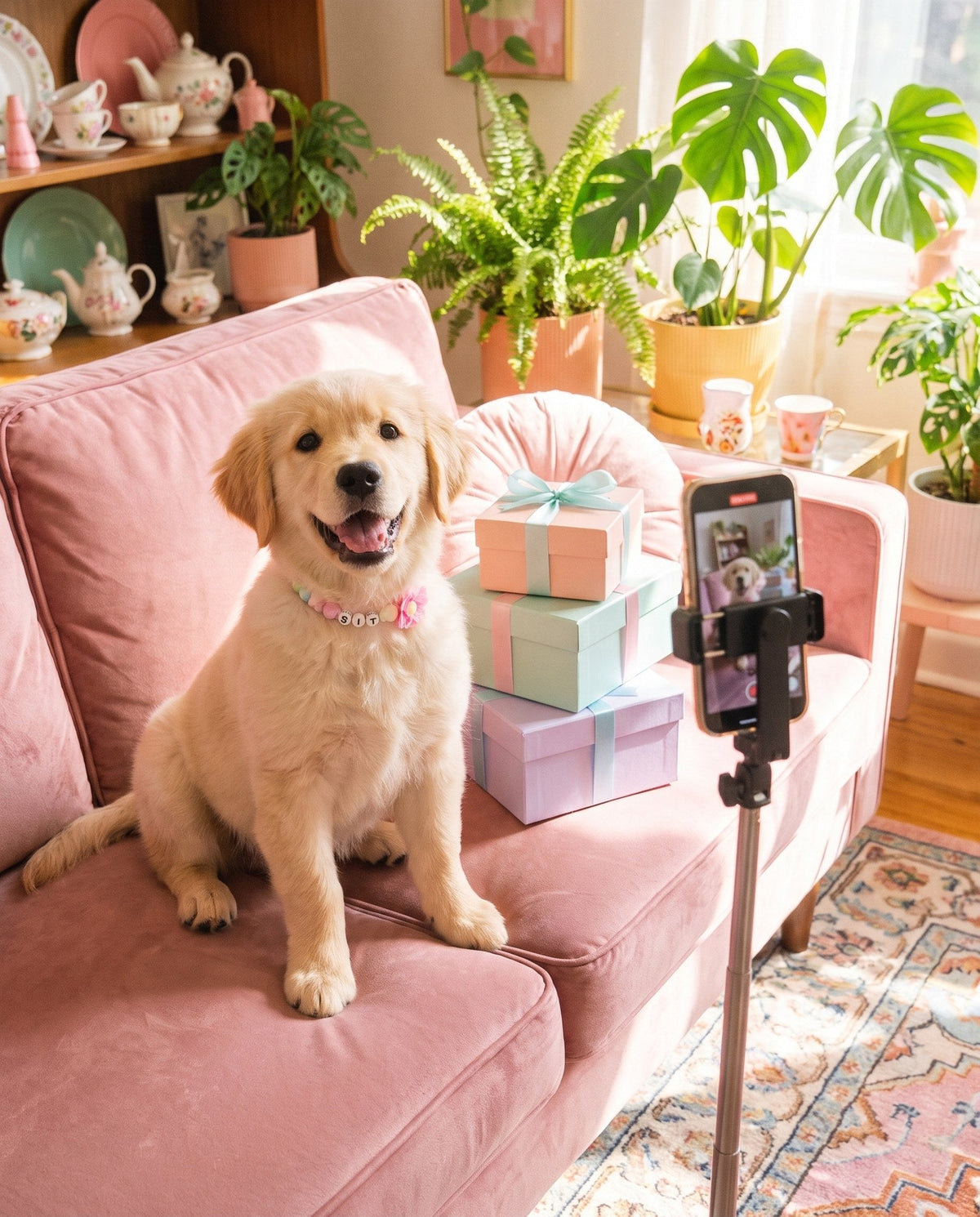 Stella the golden retriever puppy on a pink sofa filming content for Gemmies