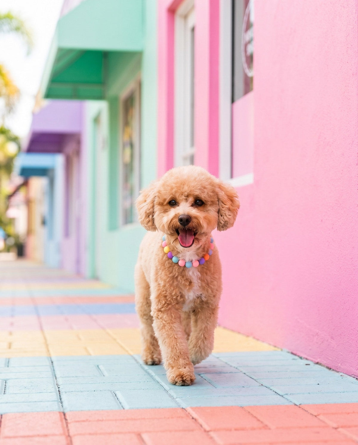 Nugz on a pastel sidewalk wearing a Gemmies collar